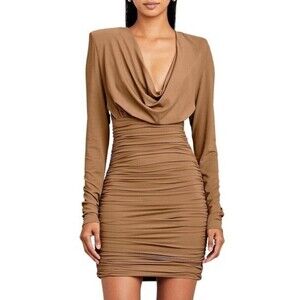 Alexandre Vauthier Draped Jersey Cowl Neck Mini Dress Tan NWT Womens Size 6 / 38
